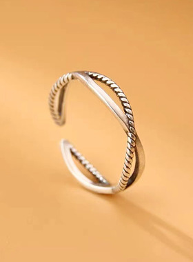 纯银s925日韩波浪交织复古开口戒指小众时尚个性设计轻奢风指环