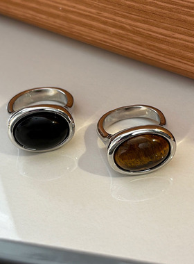 天然虎眼宝石黑玛瑙美拉德偏财食指戒指女小众设计轻奢高级感