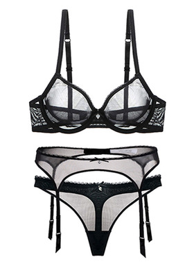 Varsbaby 独立站欧美内衣大胸显小薄透明网纱文胸套装吊袜带3