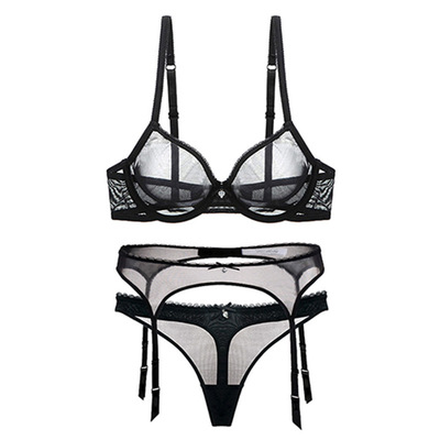Varsbaby 独立站欧美内衣大胸显小薄透明网纱文胸套装吊袜带3