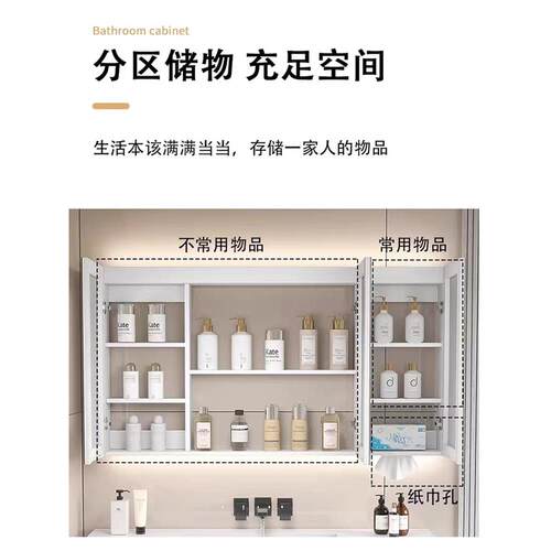 I1实智木能浴室镜柜子KXQ单挂墙式带灯除雾卫生间梳妆镜独带置物