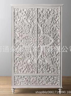 法式亚复古做雕旧东南风棠花衣柜60249泰式白色花双门实木衣海橱