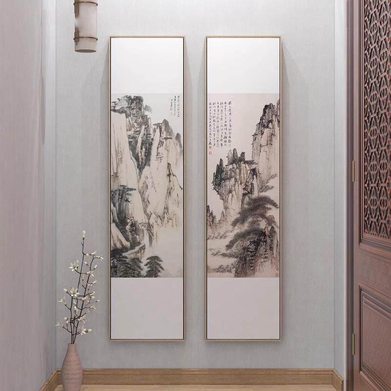 新中式壁茶室客厅MOP联装饰画迎松挂三画竖版入户玄关水墨山水客