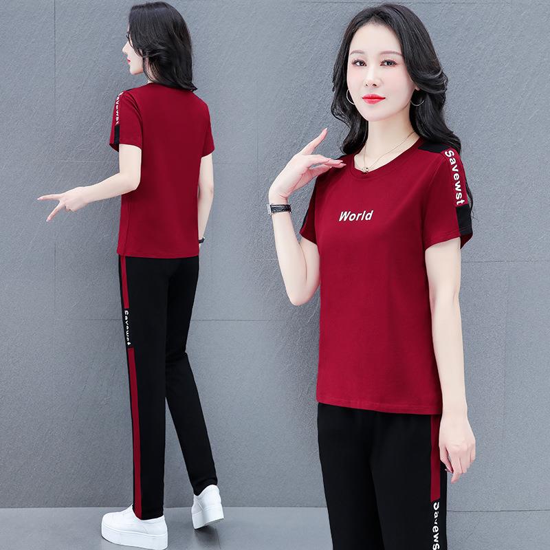 夏季纯棉短袖运动服套装女2025新款夏装中年妈妈休闲时尚两件套
