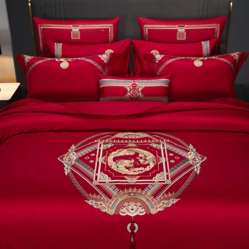 九喜婚庆家纺结婚床上用刺狐绣四棉件套1品00BVT支全提花中国风被