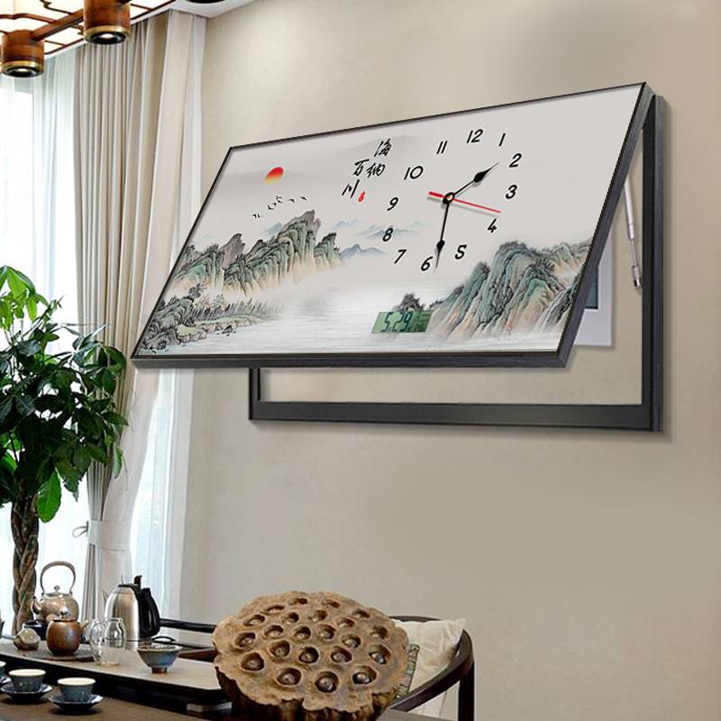 新中式餐厅钟表装饰画电子时钟家和万事兴客厅万年历挂钟山水挂画