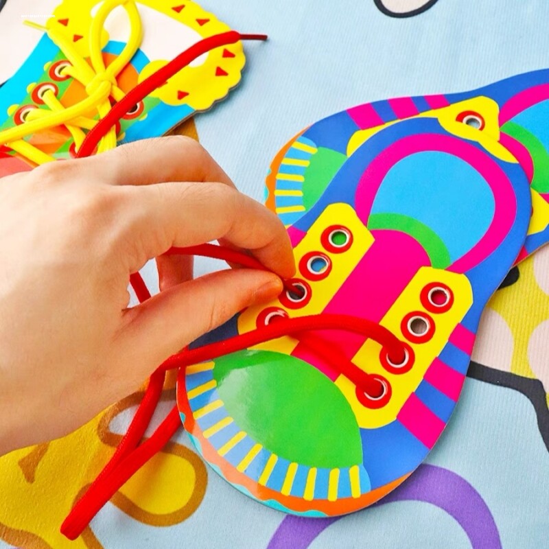 儿童手工绘画穿鞋板幼儿园创意童鞋DIY亲子手工制作涂色穿鞋带