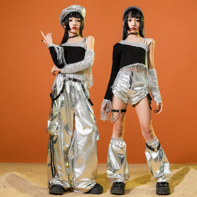 爵士舞女童套装女孩炸街潮酷女团辣妹风银色长裤露脐装jazz走秀服,童装/婴儿装/亲子装,儿童演出服,淘宝优惠券,粉丝福利购,淘宝优惠卷