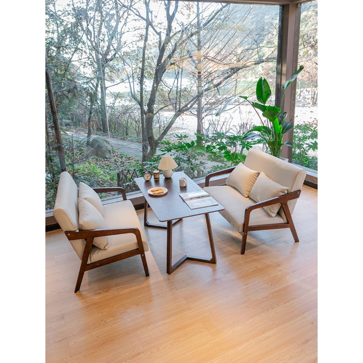 需定制复古咖啡厅接待洽谈简约实木猫爪皮桌椅组合奶茶休闲商务餐