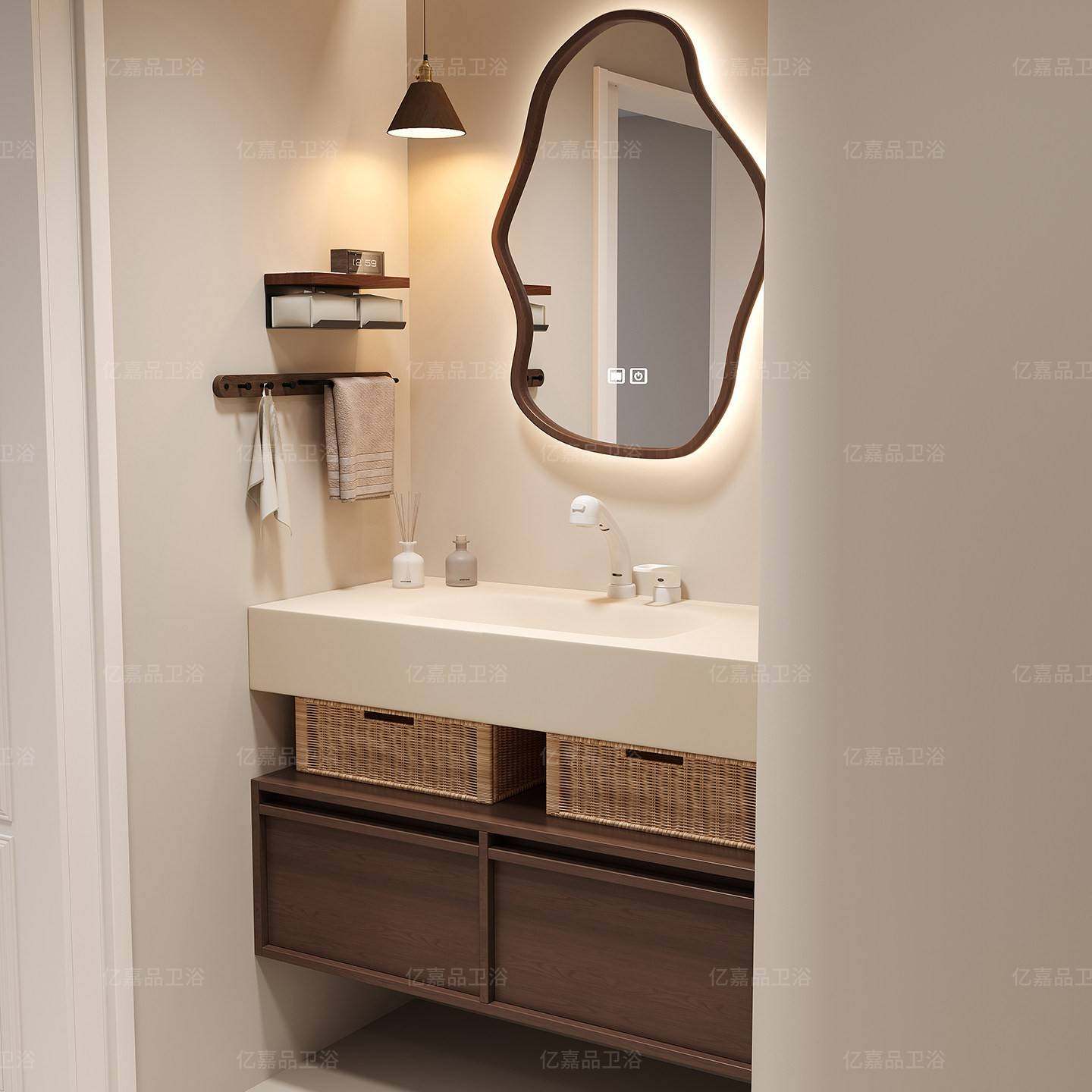 需定制中古风杜丽家可丽耐一体盆浴室柜组合卫生间岩板热弯一体盆