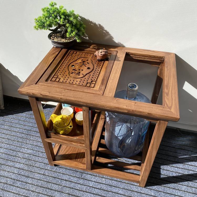 需定制可移动榆木实木家用茶道桌配椅办公茶水柜阳台茶几一体式烧