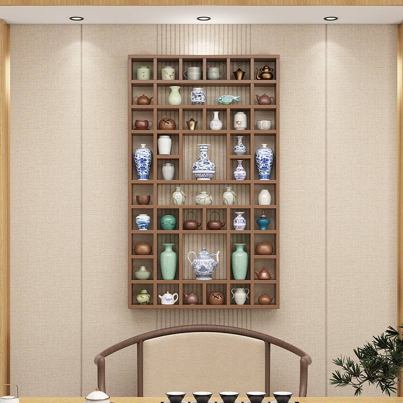 需定制实木格子架墙上置物架壁挂收纳柜茶壶茶杯茶叶展示架多宝阁