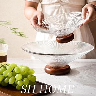HOME玻璃果盘橡胶木底座茶几高档轻奢高脚盘前台高颜值水果盘
