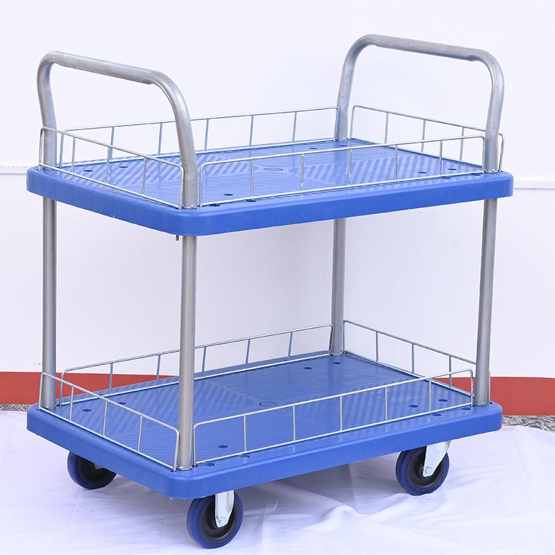 厂家塑料47*73小号双层平板手推车折叠拉车搬运手拉拖车