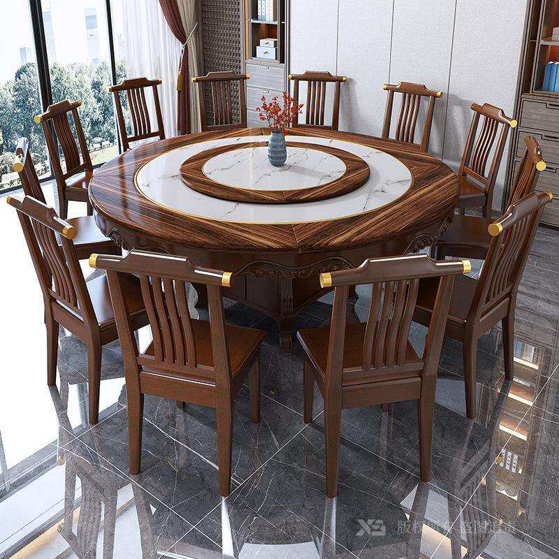 新中式大理石圆桌饭店餐桌椅组合10人岩板圆桌1.8米全实木圆餐桌