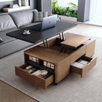 需定制多功能岩板升降茶几餐桌一体两用二合一小户型家用带凳客厅