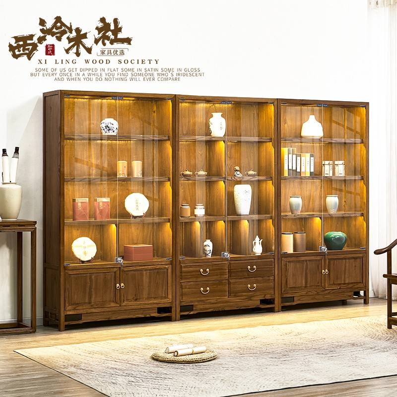 需定制实木茶叶架带灯组合烟酒茶展示柜玻璃门新中式茶室茶叶柜茶