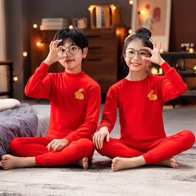 大红纯棉儿童秋衣秋裤本命年套装