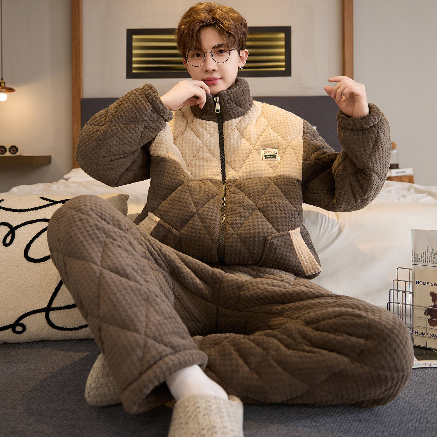 三层夹棉睡衣男冬季珊瑚绒秋冬款棉袄加厚加绒保暖家居服套装男士,女士内衣/男士内衣/家居服,睡衣/家居服套装,淘宝优惠券,粉丝福利购,淘宝优惠卷