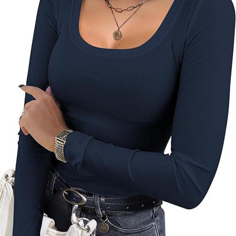 2025亚马逊速卖通新款欧美爆款螺纹坑条修身长款长袖方领T恤女