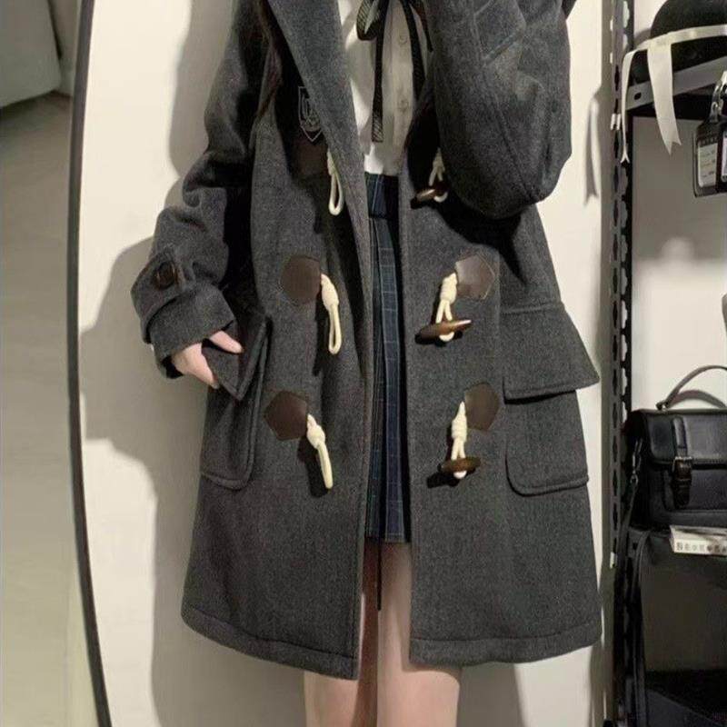 日系jk连帽牛角扣呢子大衣20毛呢外套