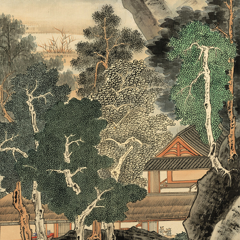 张大千沧浪渔笛图高清微喷国画临摹彩色底稿绢丝宣纸山水画稿挂画