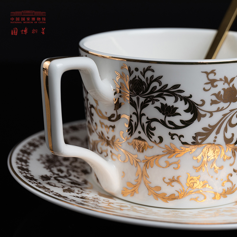 中国博物馆金彩缠枝咖啡杯创意杯碟勺子套装情侣新年马克杯