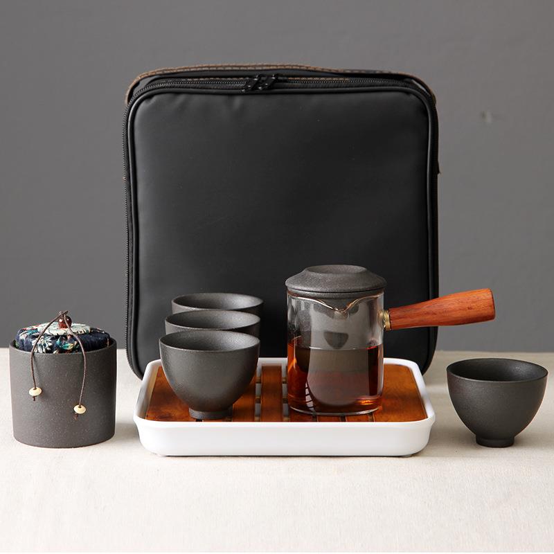 玻璃旅行茶具套装便携式户外黑陶粗陶功夫茶杯泡茶壶茶盘轻奢礼品