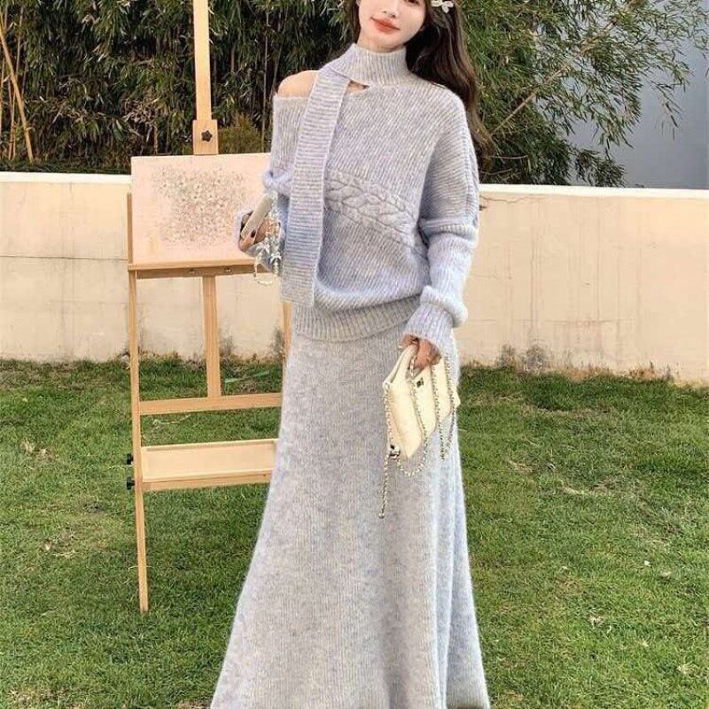 独特漂亮飘带露肩针织套装裙女早秋2026新款女人味气质穿搭一整套