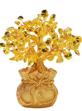 黄水晶摇钱发财树招财摆件酒柜装饰品家居客厅乔迁办公室开业礼物