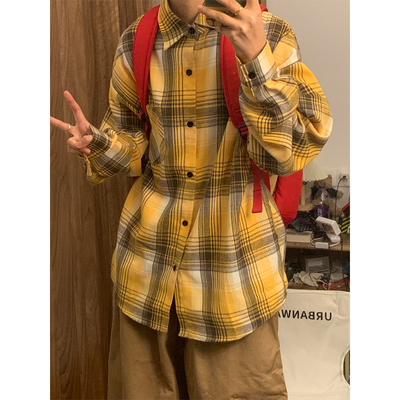 黄色格子衬衫男款春秋clea