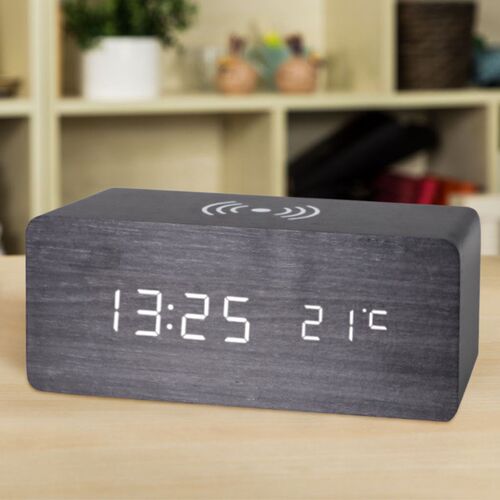 LED木头闹钟 双显时间温度闹钟 声控闹钟 无线手机充电床头闹钟