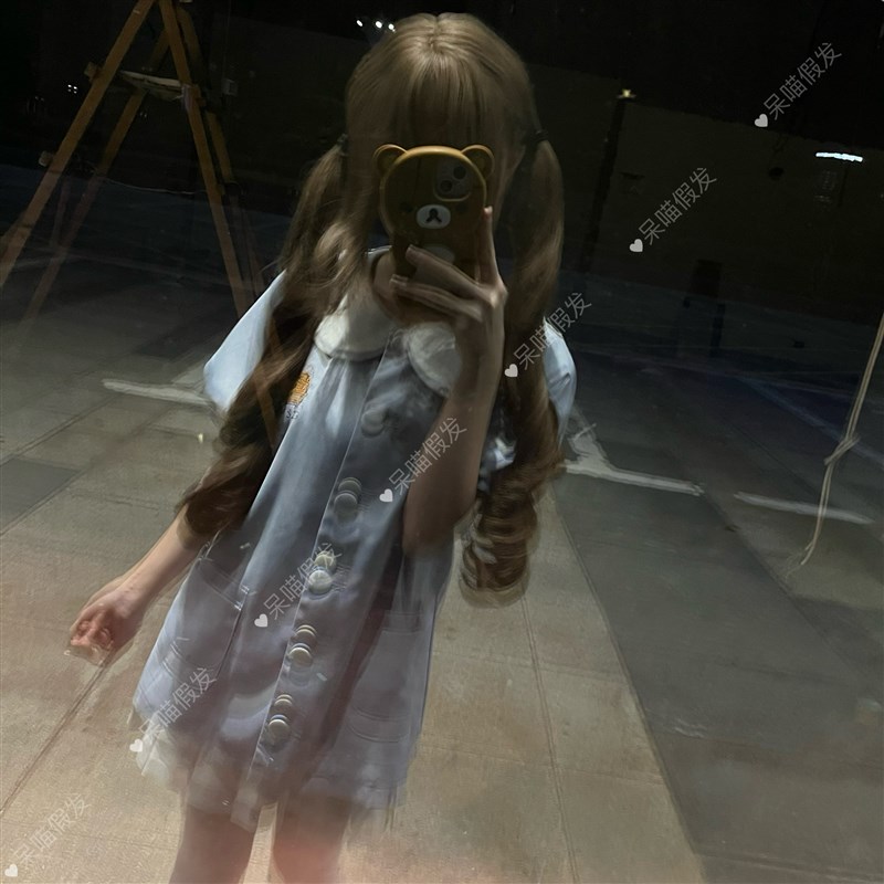 呆喵假发网红少萝自然lolita假发双马尾齐刘海新款时尚罗马卷75cm