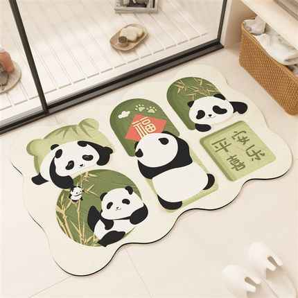 新中式熊猫卡通浴室地垫吸水速干硅D藻泥防滑耐磨脚垫卫生间门口