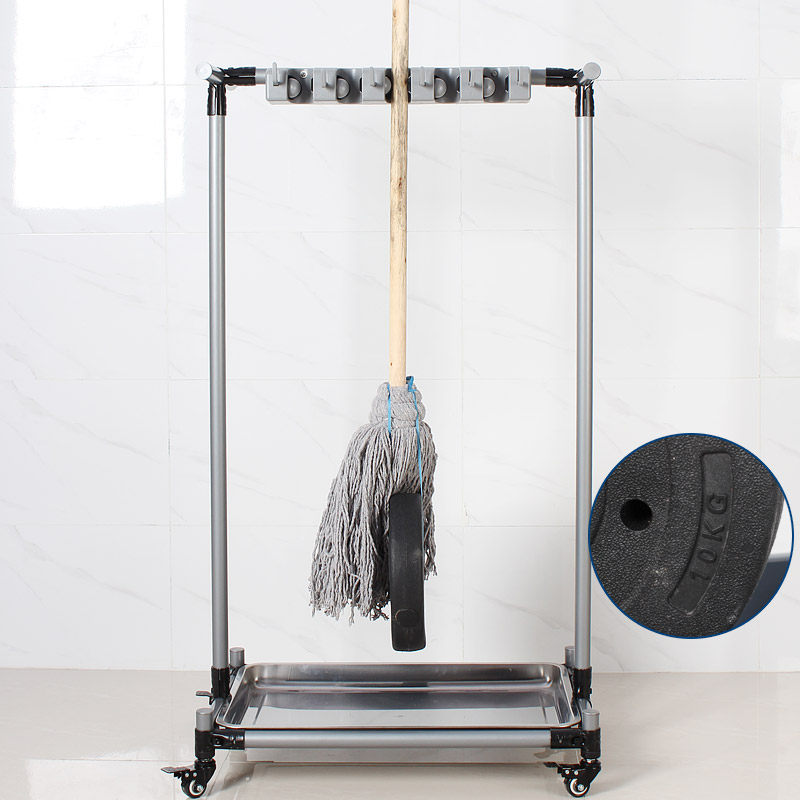 架海可移动落地式拖把架扫把挂架银灰色5挂6钩不锈钢接水盘