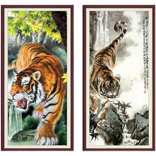 猛虎下山壁画自粘墙贴竖版中式啸山水入户过道玄关装饰画威震山河