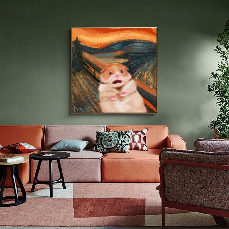 萌趣恶搞蒙克仓鼠呐喊复古花卉宠物客厅餐厅儿童房装饰画图片