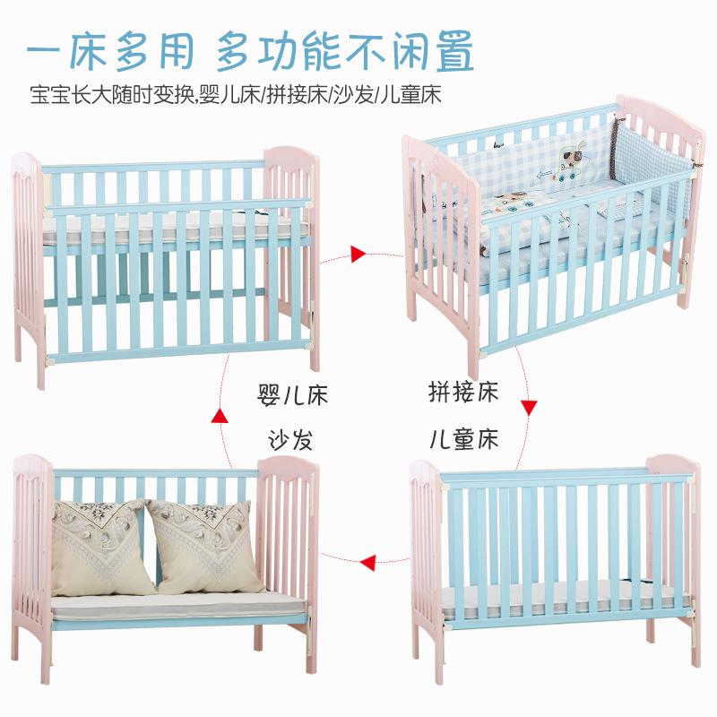 工厂实木婴床可儿拼接大床欧式多功蓝能宝宝床LNP儿变童床白色