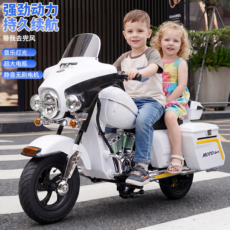 哈雷儿童电动摩托车仿真造型可坐双人可充电锂电池充气轮童车玩具