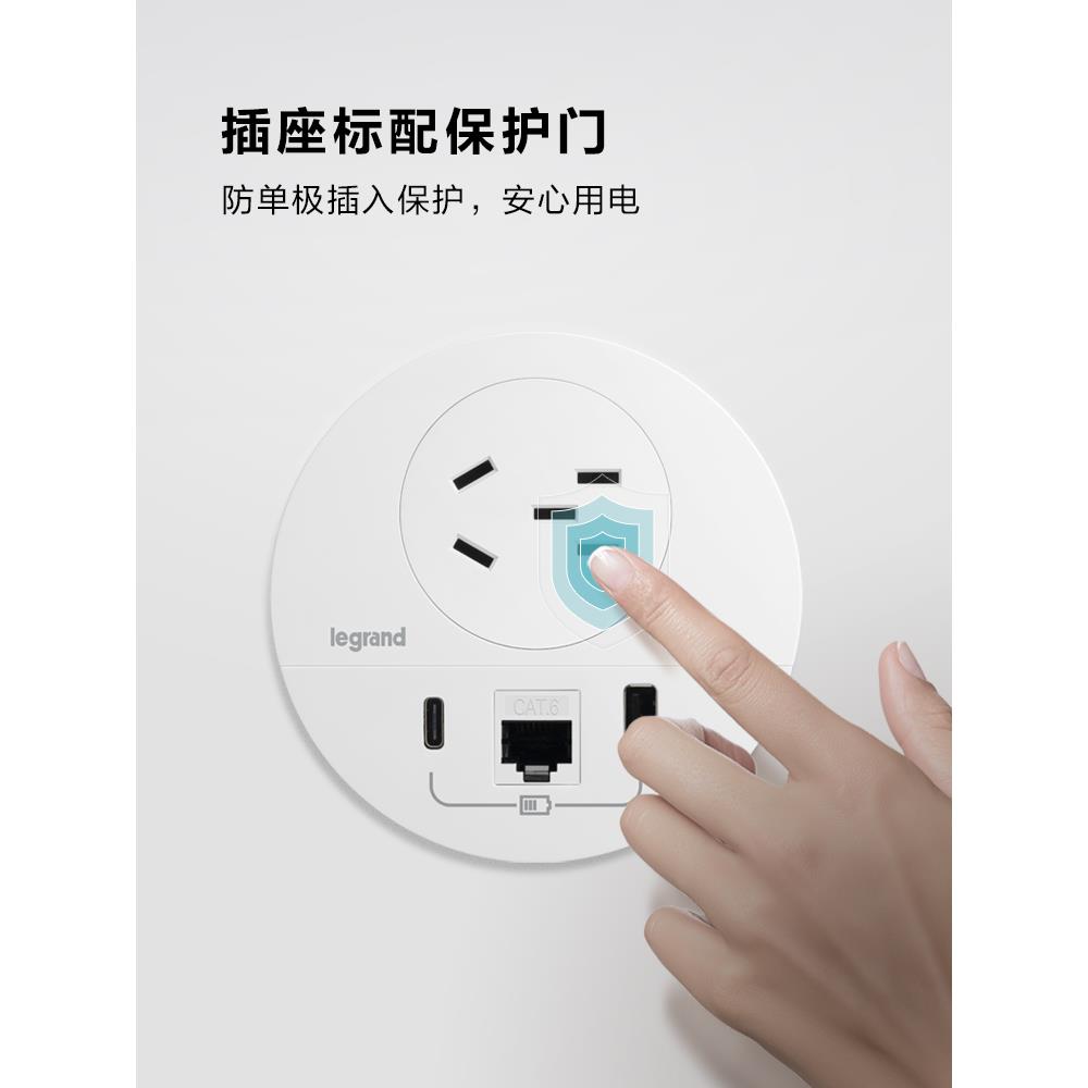 罗格朗桌面插座嵌入式书桌办公电脑USB五孔圆形桌洞多功能网路口