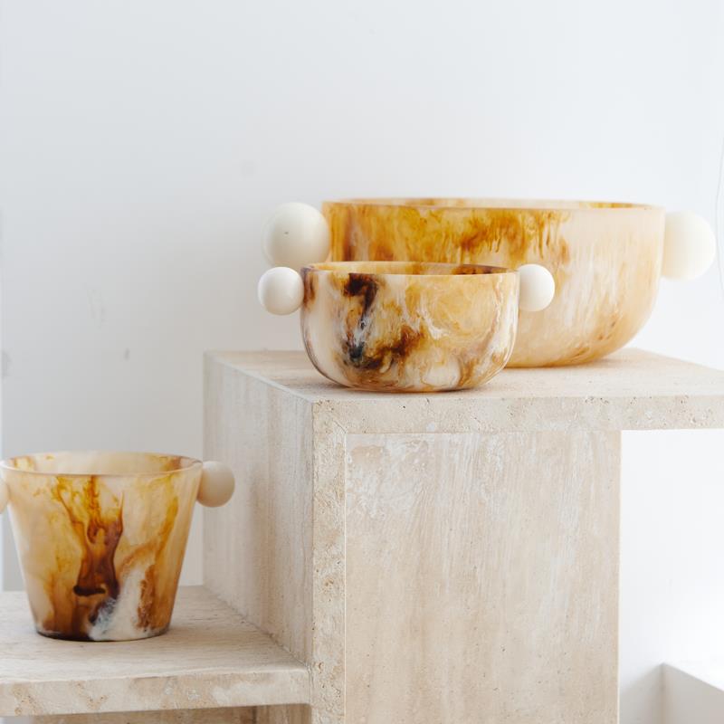 现代轻奢琥珀色球形手柄装饰碗长条形椭圆托盘金字塔首饰盒装饰品