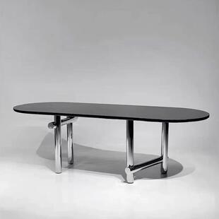 轻奢极简实木餐桌现代简约洽谈桌接待桌Wabi-Sabi风格桌不锈钢大