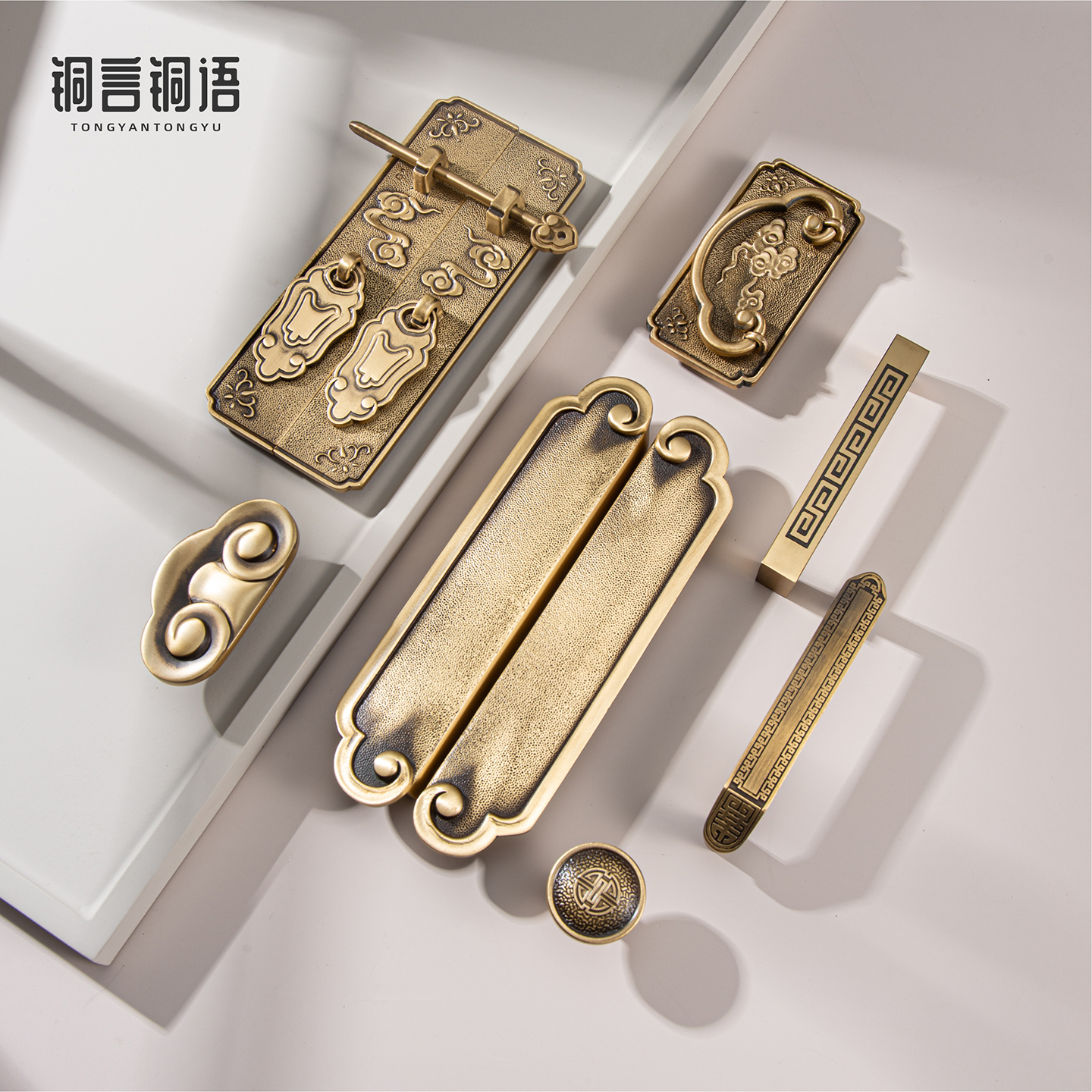 铜言铜语中式纯黄铜仿古柜门拉手