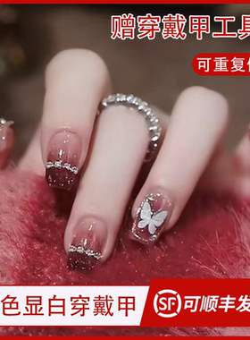 红色穿戴甲2025新款显白美甲中长短款手工专用儿童小女孩指甲贴片