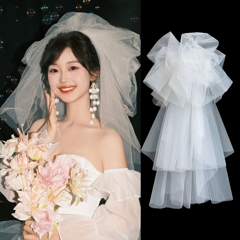 2023新款头纱抓泡云朵蓬蓬头纱韩式新娘摄影造型街拍婚纱跟妆白色
