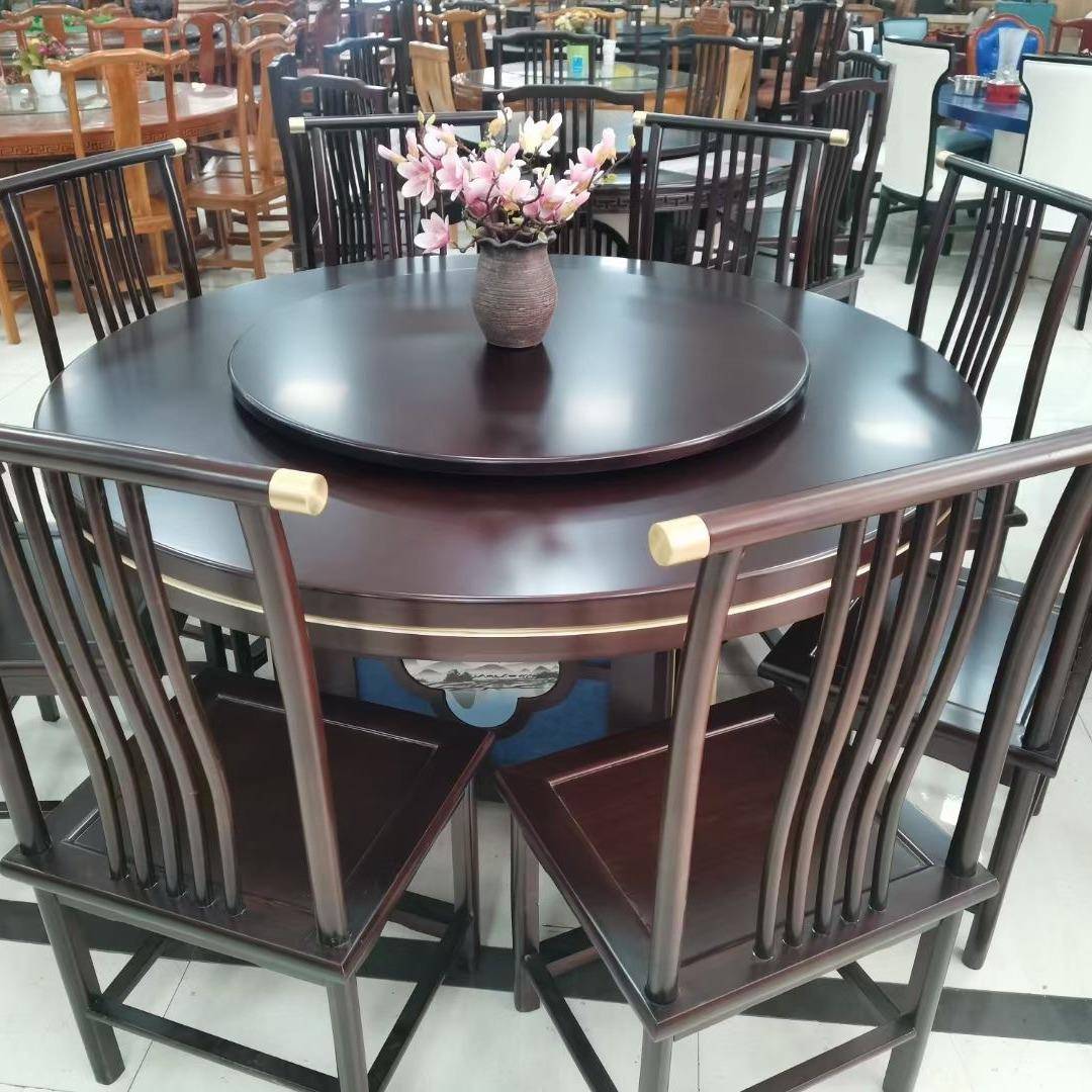 中式实木圆桌带转盘多人饭店大圆桌饭桌子圆形餐桌椅组合橡木歺桌