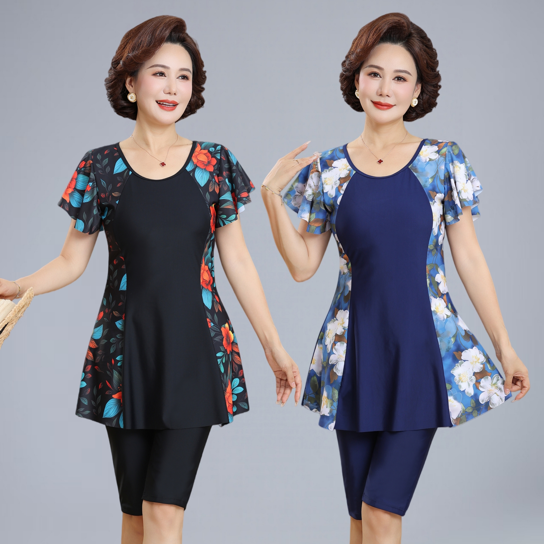 中长款妈妈泳衣中老年女保守遮肚