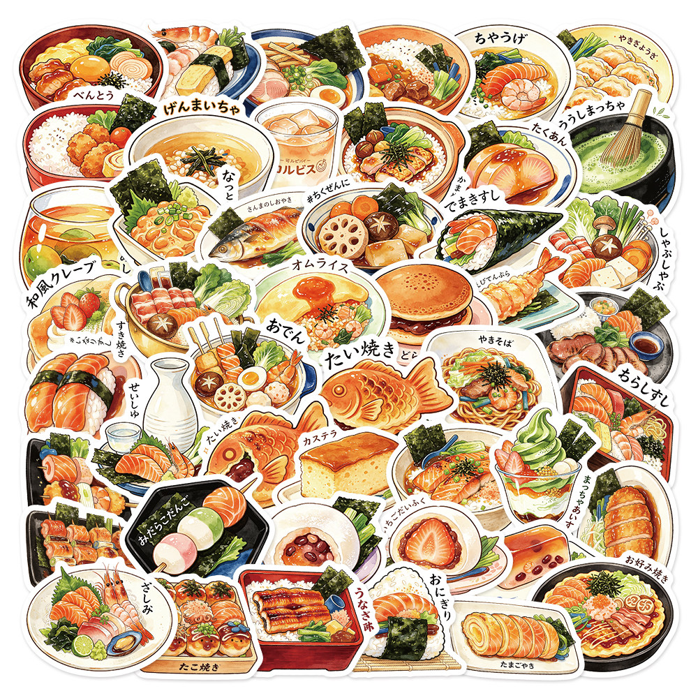 427张国家美食贴纸日本寿司关东煮纳豆寿喜烧园麦茶蛋包饭大阪烧特色食物小吃手机笔记本水杯装饰防水贴画
