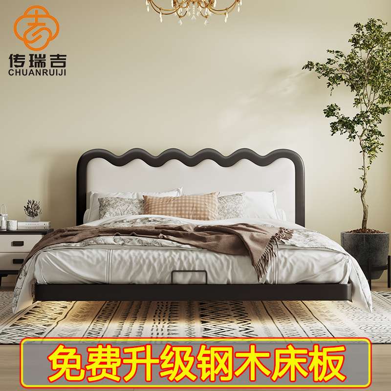 涟漪悬浮皮艺床主卧双人大床网红轻奢极简皮床奶油风婚床科技布床图片