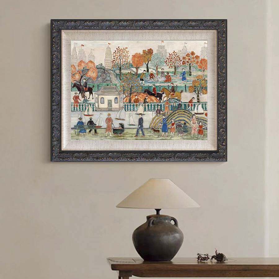 【纽约中央公园】复古法式中古插画油布装饰画黑色雕花框餐厅挂画